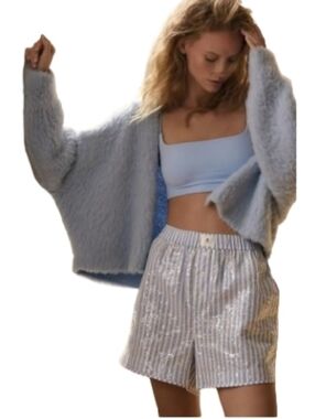 Anthropologie Powder Blue/White Stripe Sequin Boxer Style Shorts Size XL Sparkle